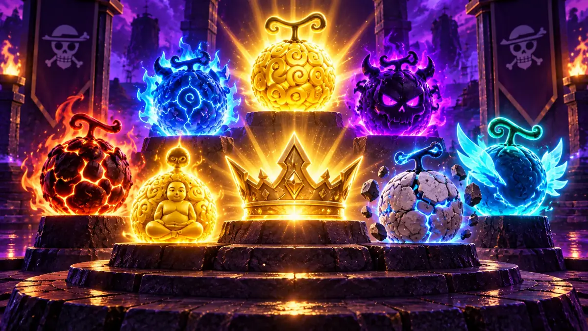 Collection of the top Blox Fruits devil fruits arranged around a glowing tier ranking display