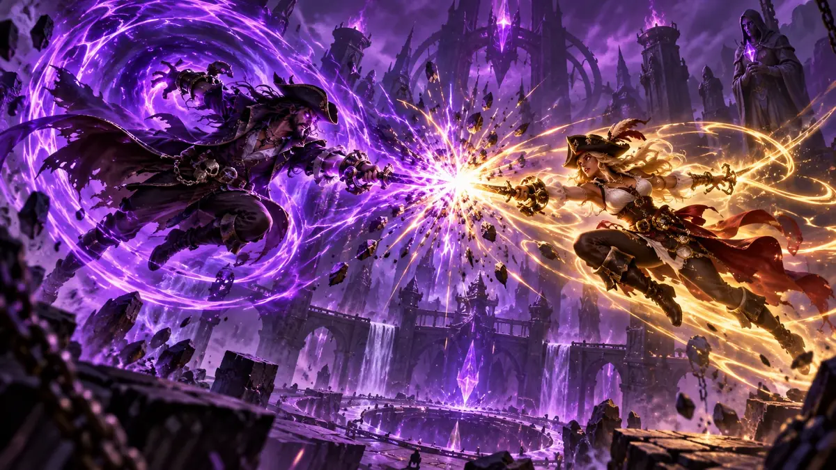 Two players duelling with devil fruit powers clashing in mid-air