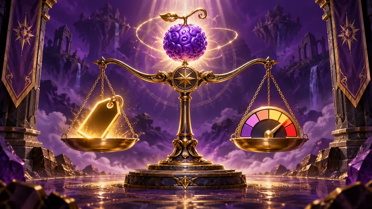 Balance scale weighing a value tag against a demand meter with devil fruits