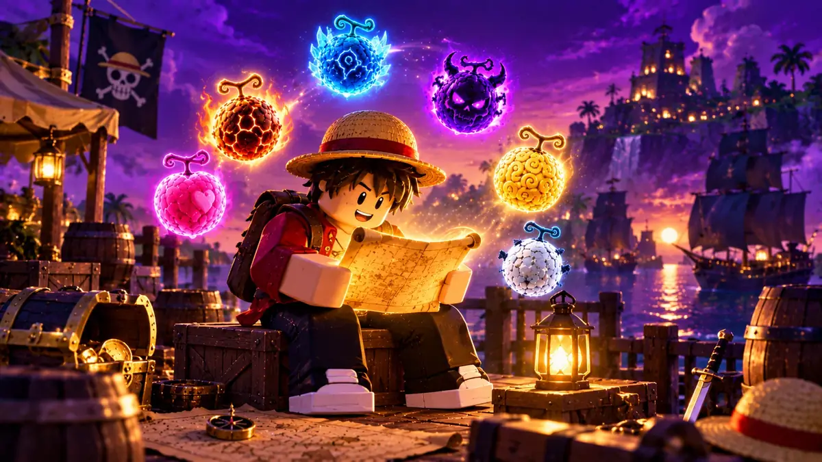 New player character studying a trading guide scroll with devil fruits around them