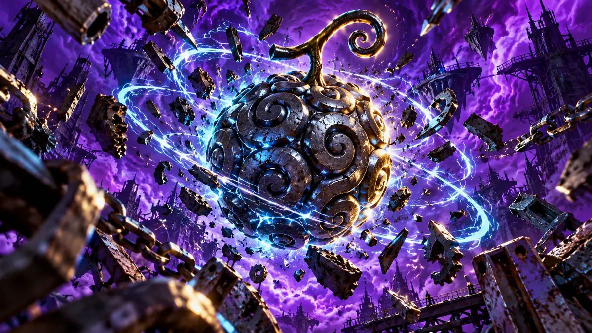 Magnet devil fruit surrounded by magnetic energy and floating metal scrap