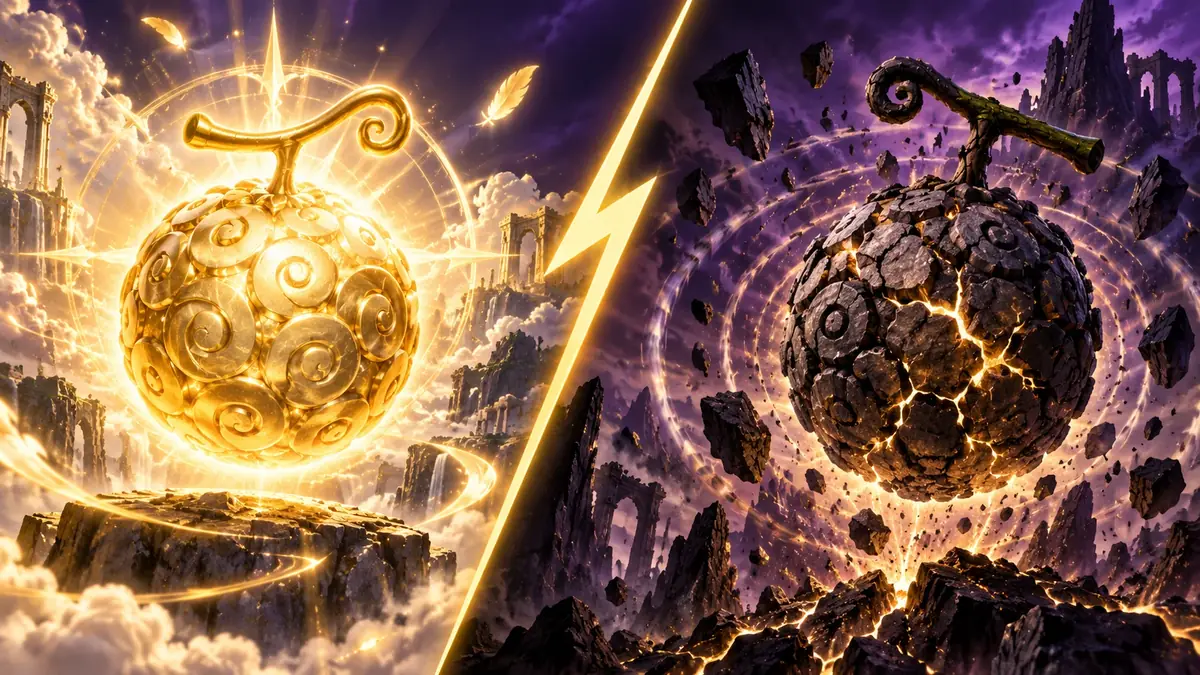 Side by side comparison of the Buddha and Quake devil fruits facing each other