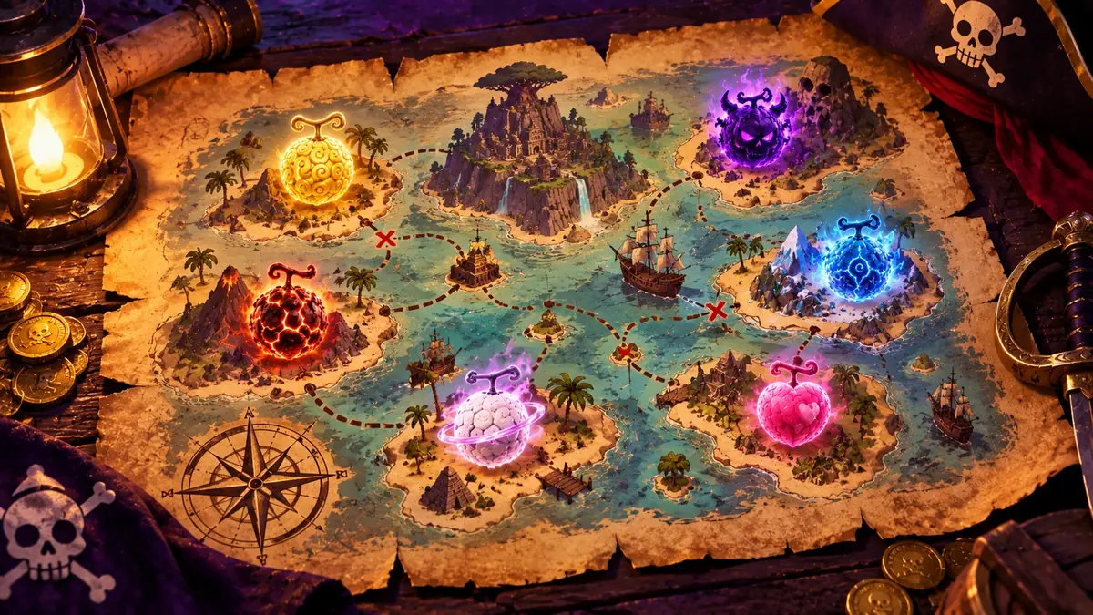 Vintage treasure map showing the history of the Blox Fruits trading economy with devil fruits