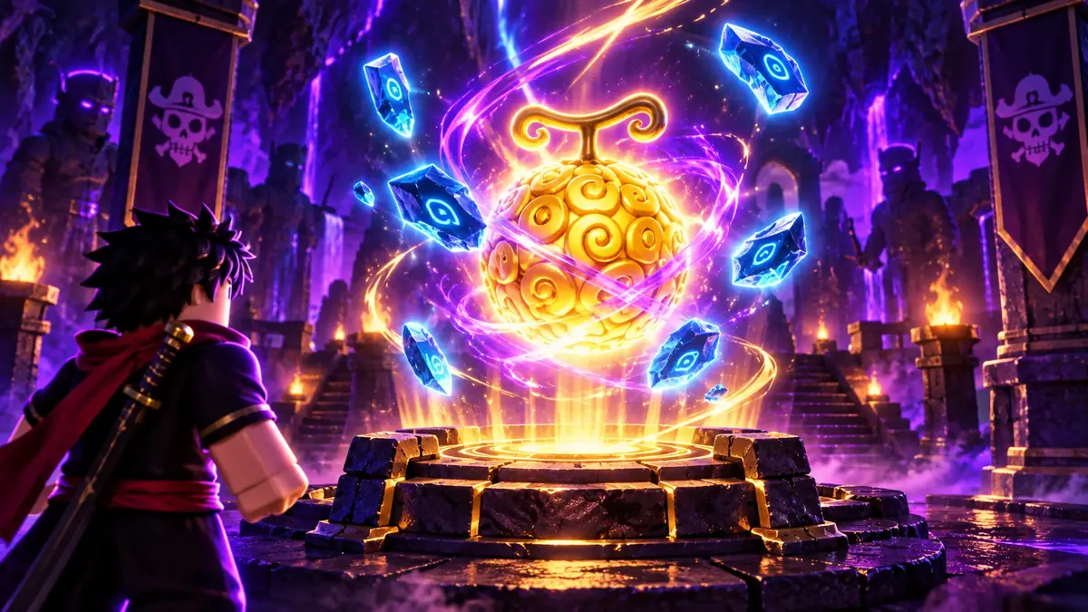 Glowing devil fruit surrounded by swirling energy fragments during an awakening ritual