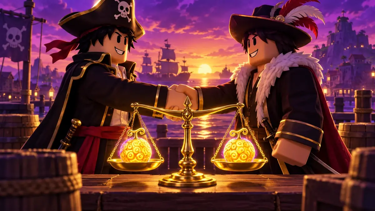 Two pirate traders shaking hands over a balanced set of golden scales holding devil fruits