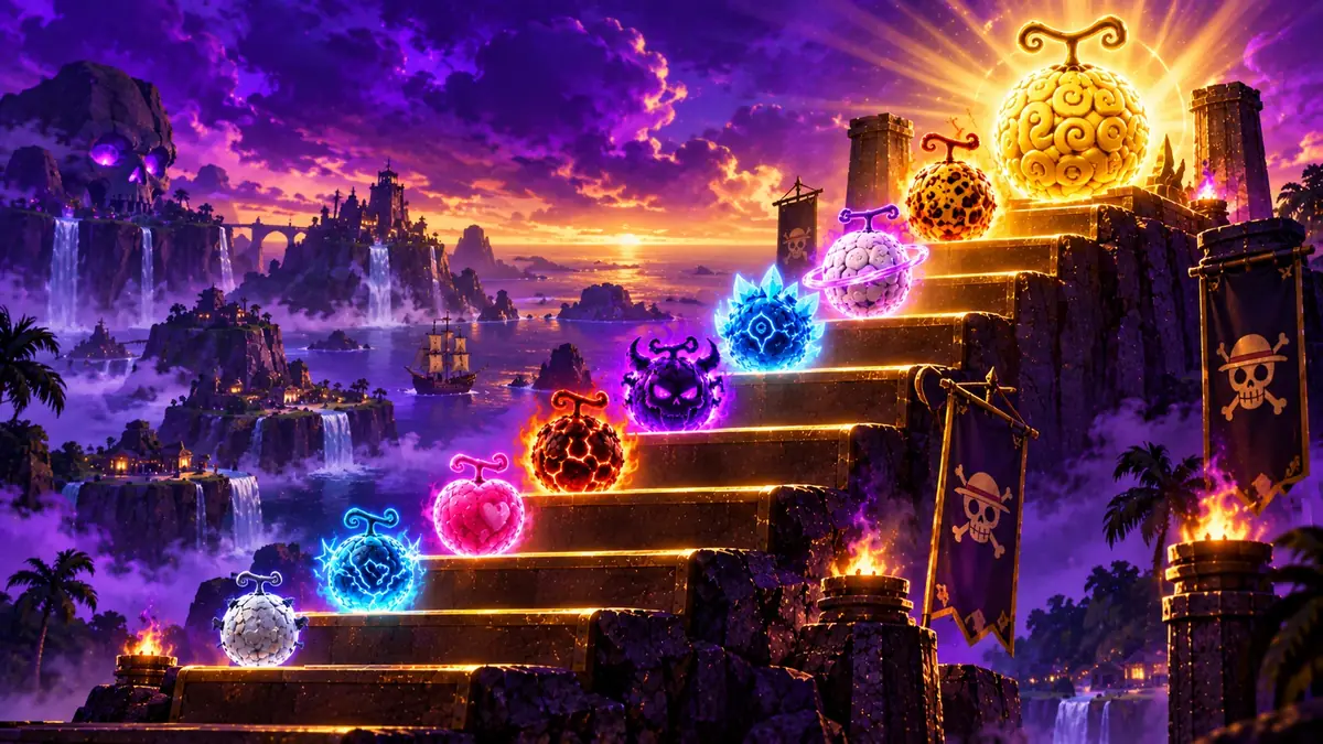 Ascending staircase of devil fruits growing larger and more valuable toward the top
