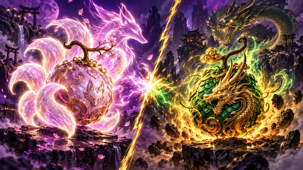 Kitsune and Dragon devil fruits facing each other in a versus comparison