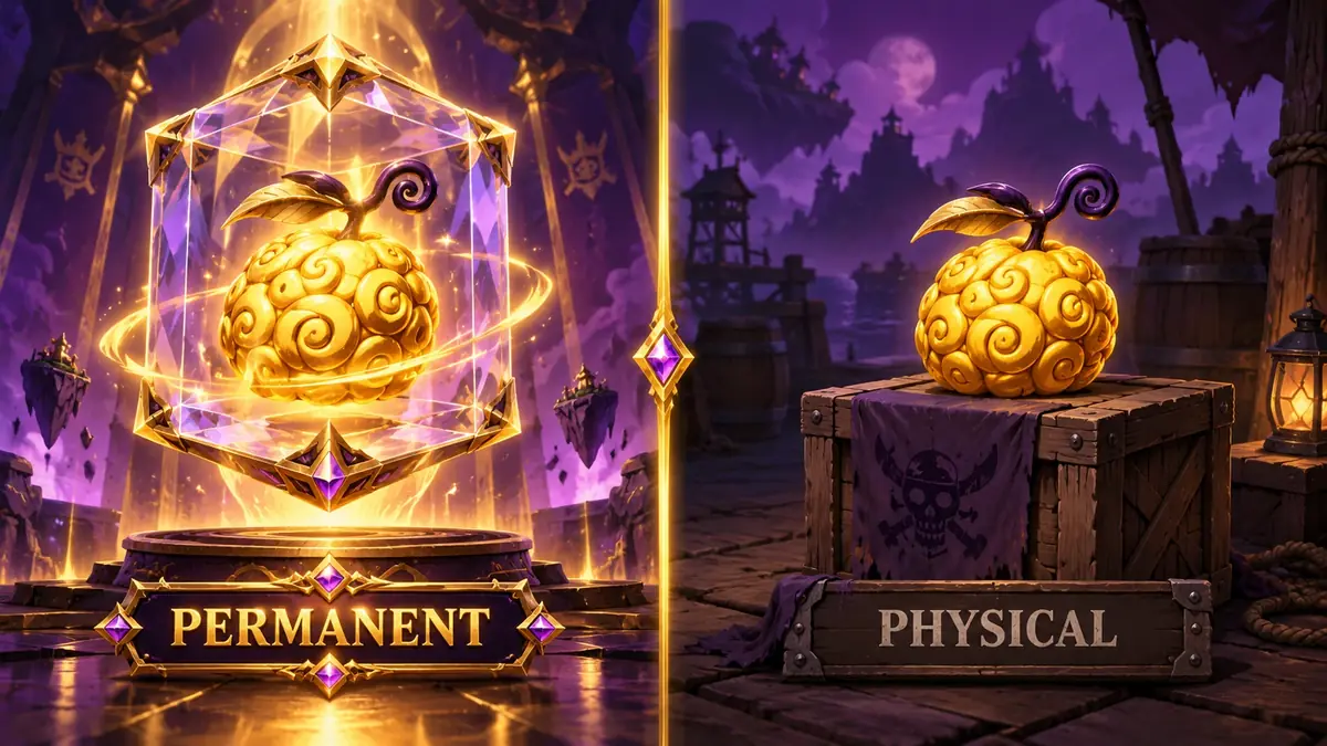 Split comparison graphic showing a permanent Blox Fruits devil fruit beside a physical one with their trade values
