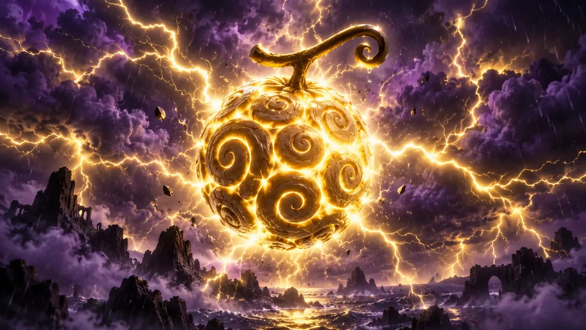 Lightning-charged Rumble devil fruit crackling with electric energy