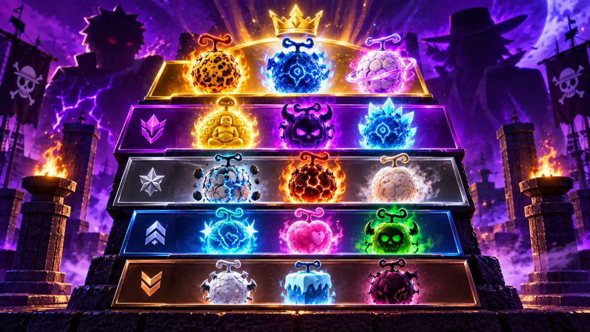 Tier ranking display showing Blox Fruits devil fruits arranged from strongest to weakest