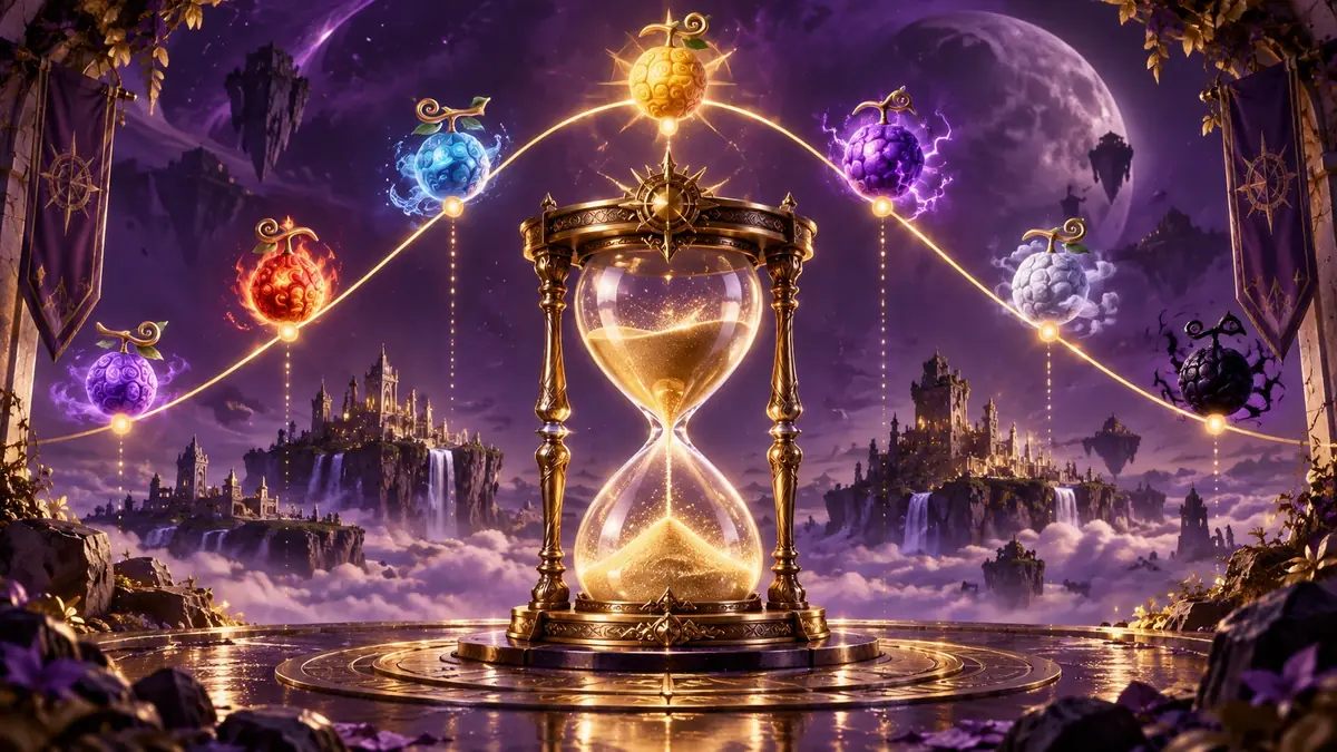 Hourglass surrounded by devil fruits with a rising and falling value curve