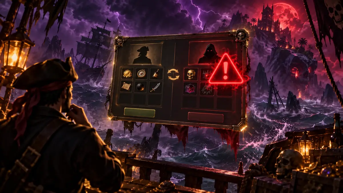 Warning-styled illustration of a Blox Fruits trade window with a red alert symbol over a suspicious offer